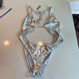 NWT Skims Metallic Cut Out One Piece Swimsuit Monokini Nickel Silver 3X